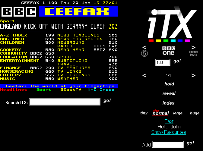 Javaless page of Ceefax Page 100