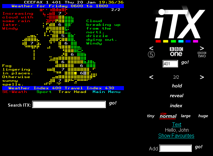 Javaless page of Ceefax Page 401